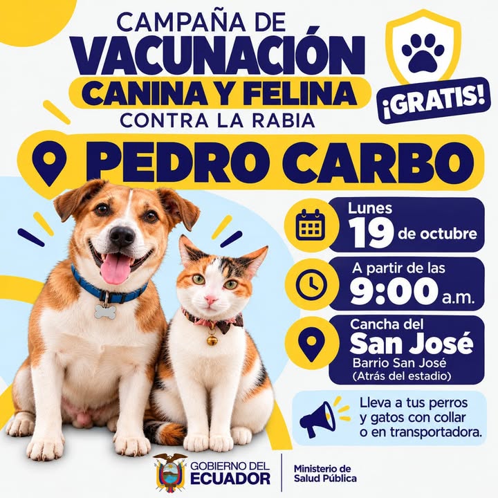 Pedro Carbo: Campaña gratuita contra la rabia para perros y gatos este lunes 19
