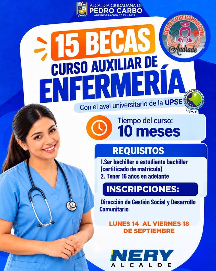 Pedro Carbo abre 15 becas para Auxiliar de Enfermería con aval universitario