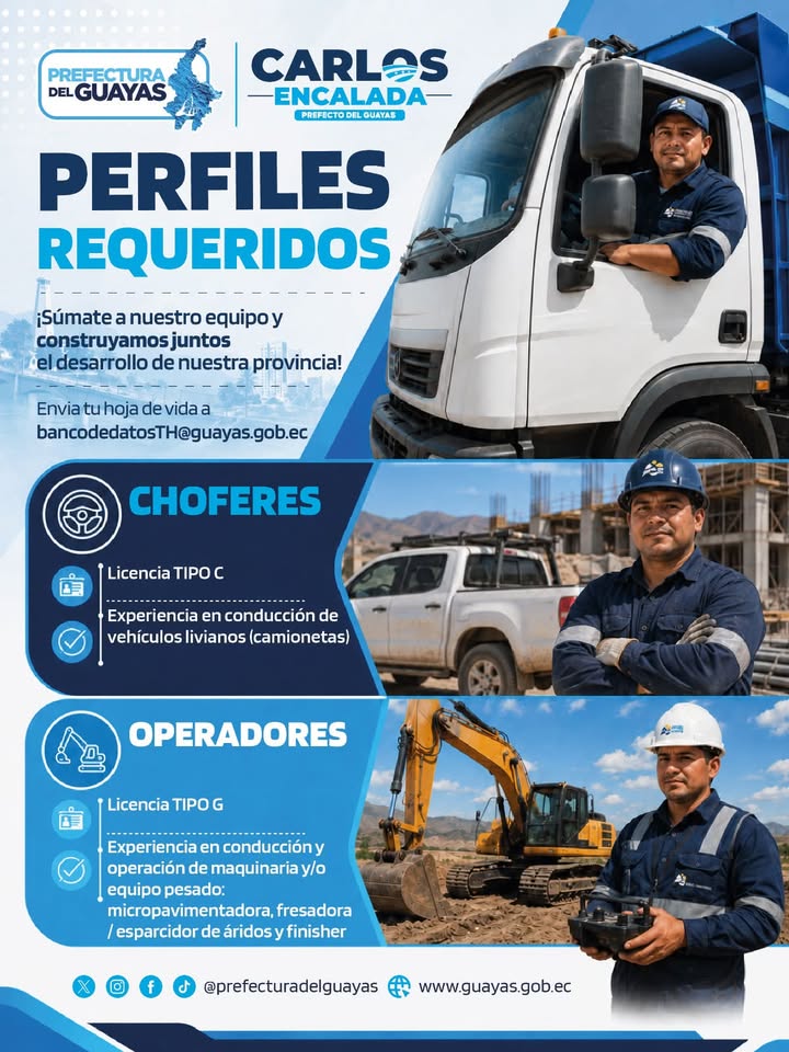 Prefectura del Guayas abre convocatoria para choferes y operadores en Sabanilla
