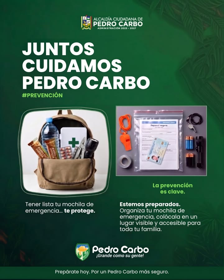 GAD Pedro Carbo recomienda preparar mochila de emergencia ante temporada de lluvias