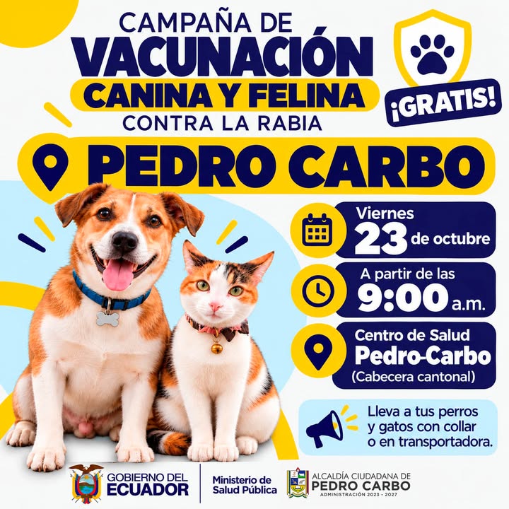 Pedro Carbo: Campaña gratuita contra la rabia para perros y gatos este viernes