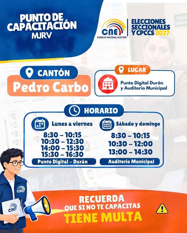 Pedro Carbo: Juntas Receptoras del Voto reciben cronograma oficial para las elecciones 2027